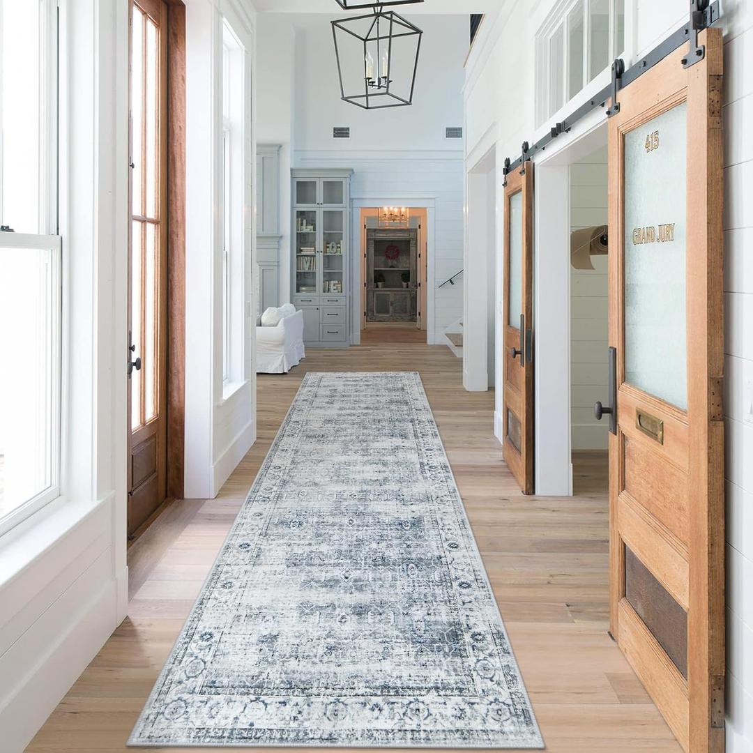 Morebes Vintage 2x10 Runner Rug for Hallway Non Slip,Washable Long Kitchen Rugs Runners,Soft Distressed Non-Shedding Carpet Runner Rug for Entryway Indoor Foyer Playroom,Blue-Gray (Grey/Blue)