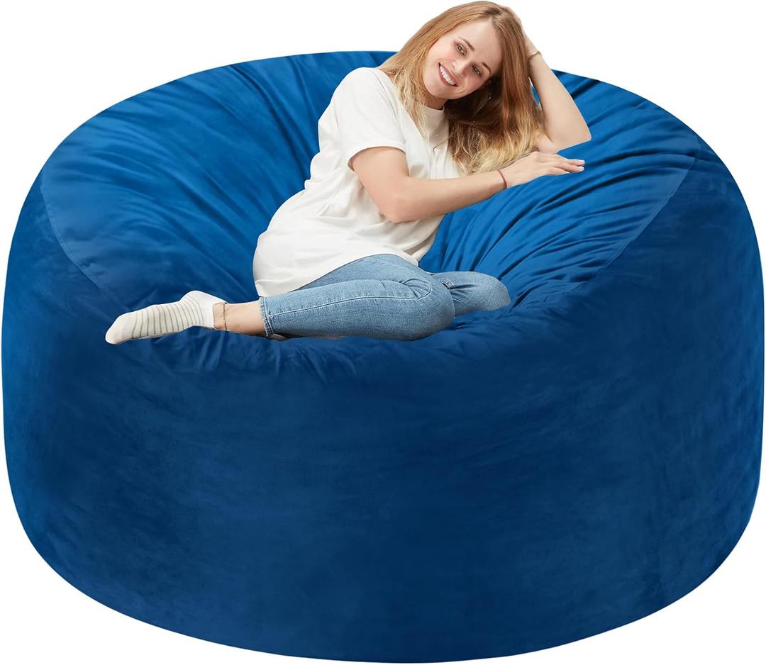 Homguava 5FT Bean Bag Chair Giant BeanBag with Memory Foam Filled, Comfy Bean Bag Chairs for Adults, Adult Bean Bag Chair with Dutch Velvet Cover for Living Room Bedroom-Blue, 5FT-50"x50"x24"