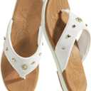 ONCAI Women's Flat Flip Flops Size 10 Summer Trendy Dressy Beach Cute Pool Vacation Essentials Sandals Studded Faux Leather White/Khaki Walking Rivet Sandalias with Waterproof Outdoor Rubber Sole