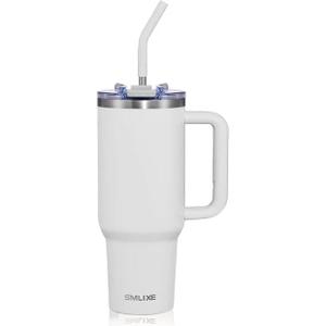 40 oz Tumbler with Handle and Straw Lid,Insulated Reusable Stainless Steel Water Bottle Travel MugCupholder Friendly Double Wall Vacuum Sealed Cup (Cold White)