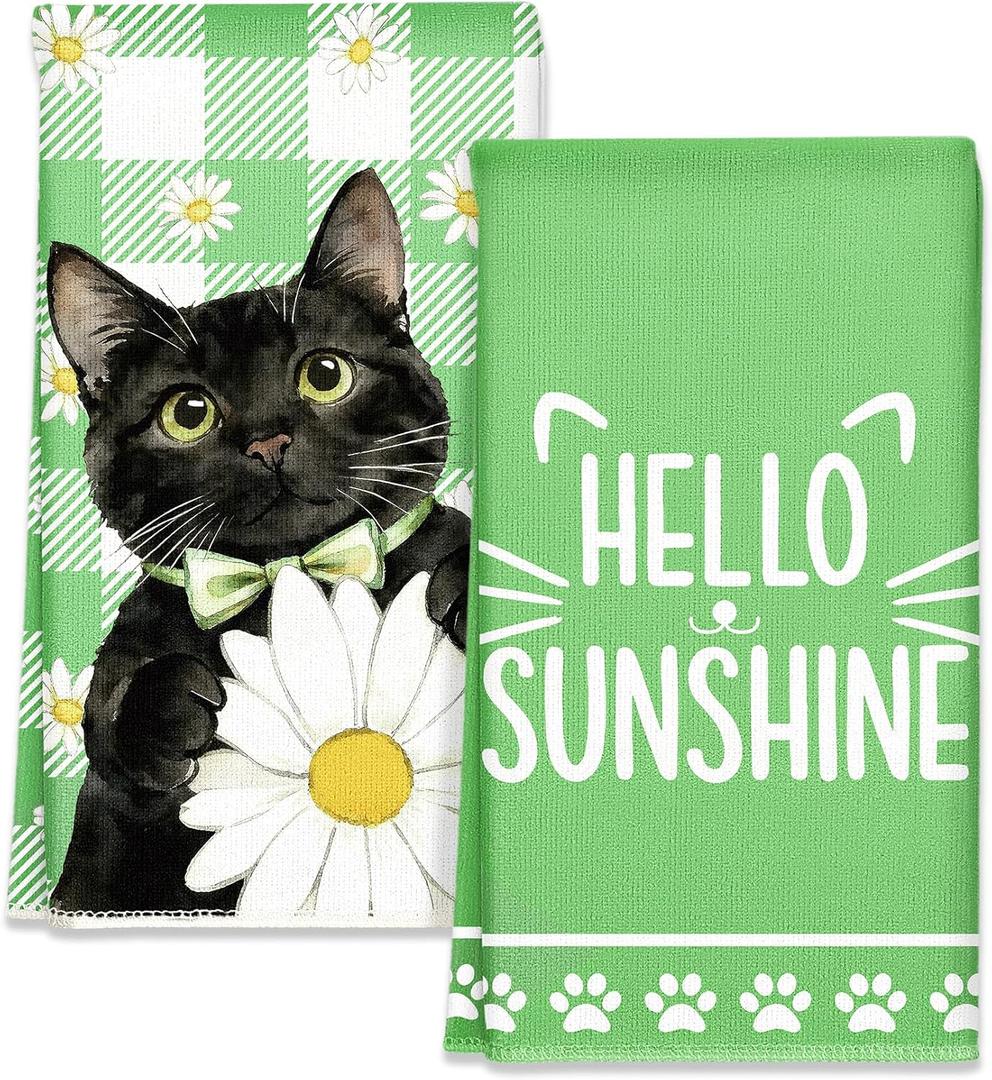 Miss Adola Spring Kitchen Towels - Spring Theme Microfiber 18x26 Inch 2pcs Dish Towels Decorative Absorbent Bright Green Hand Towel with Hanging Loop Design with Cat for Kitchen Housewarming Gift