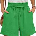 Summer High Waist Wide Leg Elastic Drawstring Shorts with Pockets (Green, XXL)