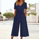 Women Dressy Casual Jumpsuits Elegant High Waist With Pockets Romper Summer Short Sleeves Wide Leg Pants (Blue), XX-Large
