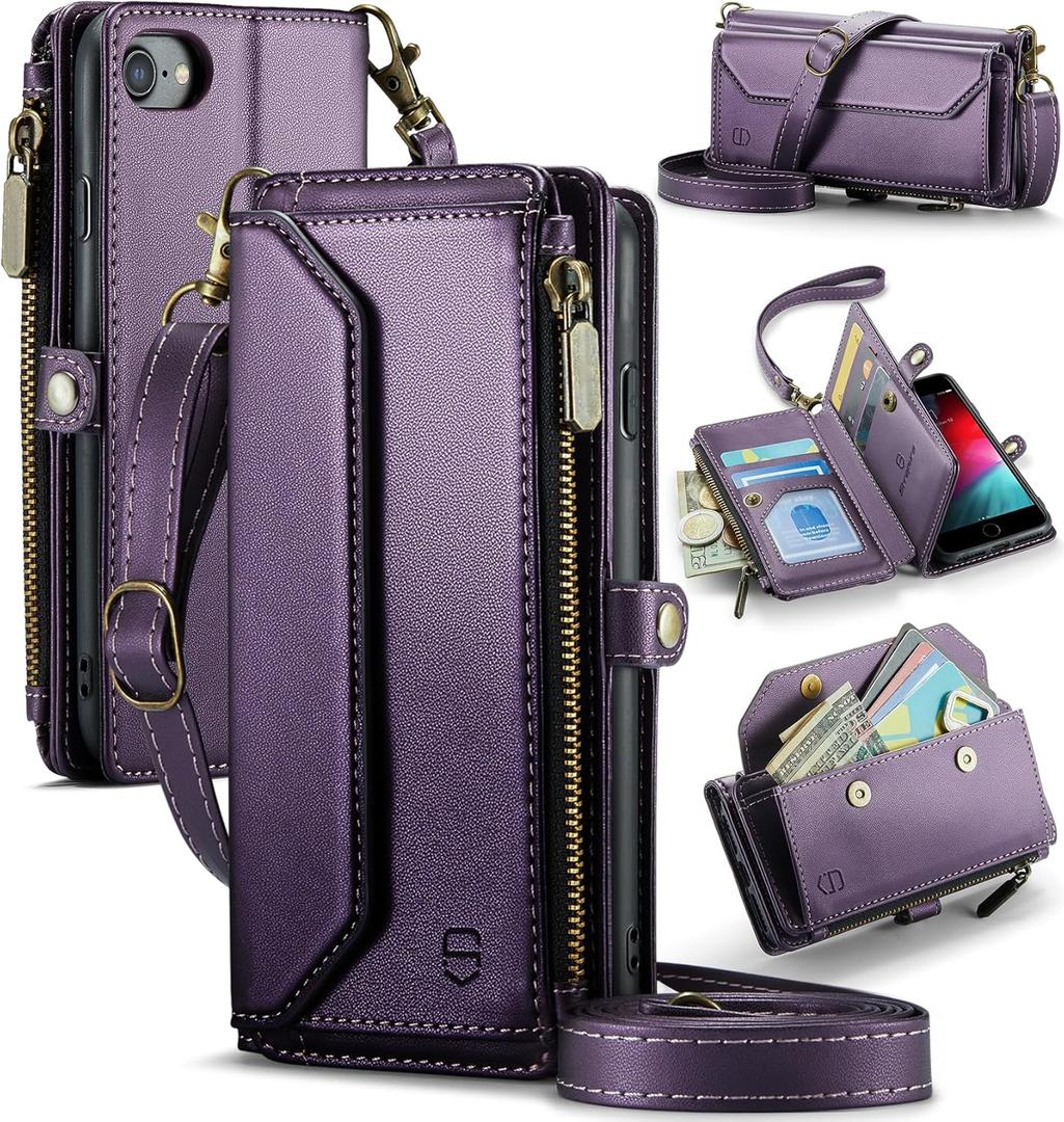 Crossbody Wallet Case Compatible with iPhone SE/7/8 RFID Blocking 7-Card Holder Soft PU Leather Magnetic Snap Shoulder Strap Zipper Pocket Phone Cases Fit for iPhone SE 2020 2022 - Purple