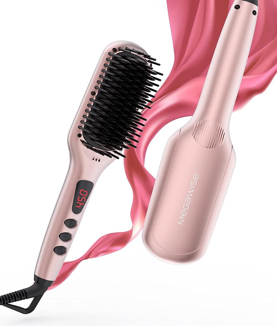 Updated 2025 MEGAWISE Hair Straightener Ceramic Brush ; Anti-Scald Dual Voltage Flat Iron Hot Brush | Rotatable Cord |Auto Shutoff | Anti-frizz |for All Hair Types (Pink)