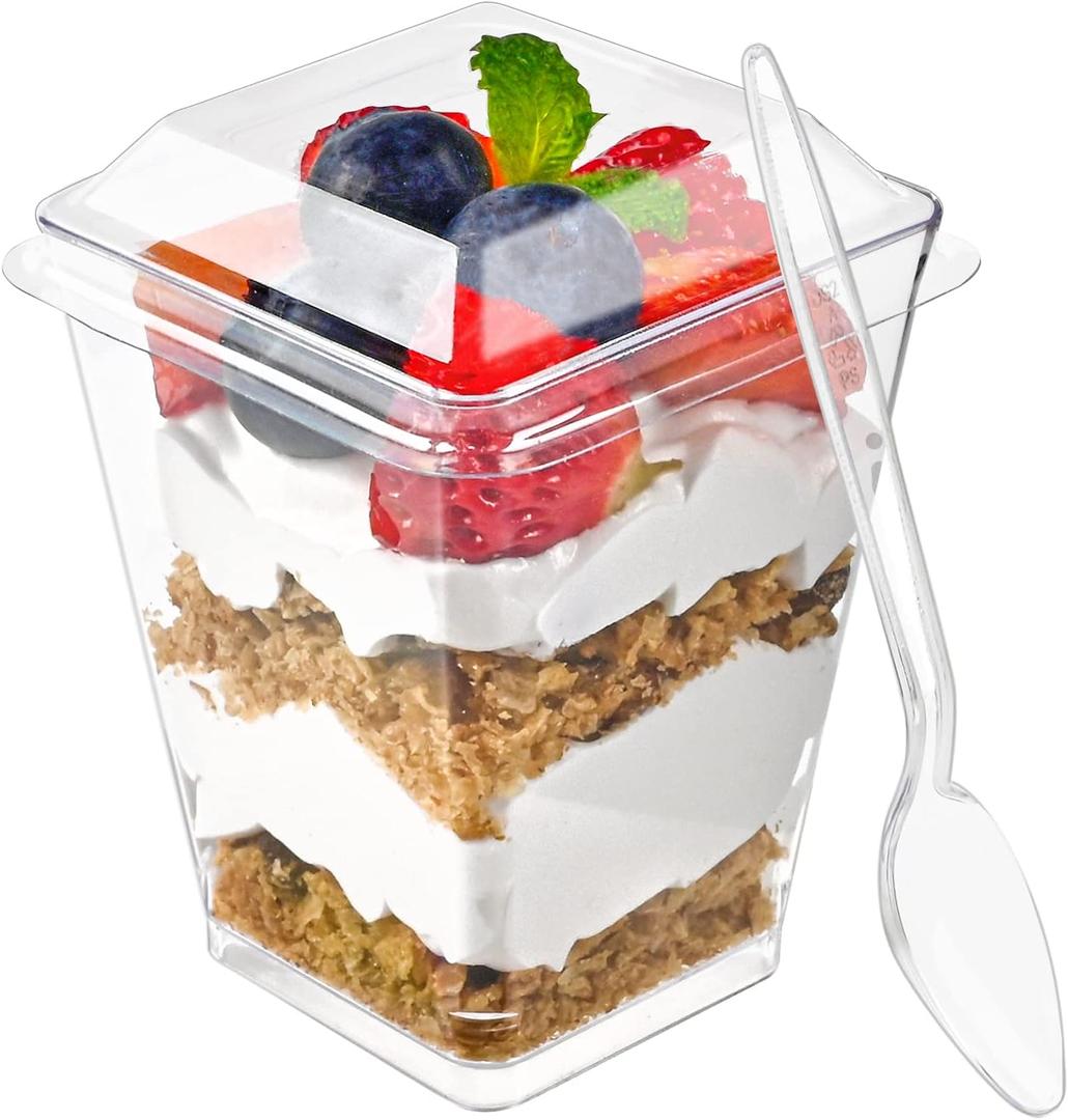 Zezzxu 50 Pack 5 oz Plastic Dessert Cups with Lids and Spoons, Banana Pudding Cups with Lids Mini Dessert Shooters for Party Individual Yogurt Parfait Jello Fruit Trifle