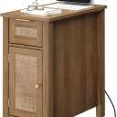 Narrow End Table with Charging Station - Midcentury Rattan Slim Side Table with USB Ports and Power Outlets, Nightstand with Flip Top and Storage Drawer, for Small Spaces Living Room Bedroom
