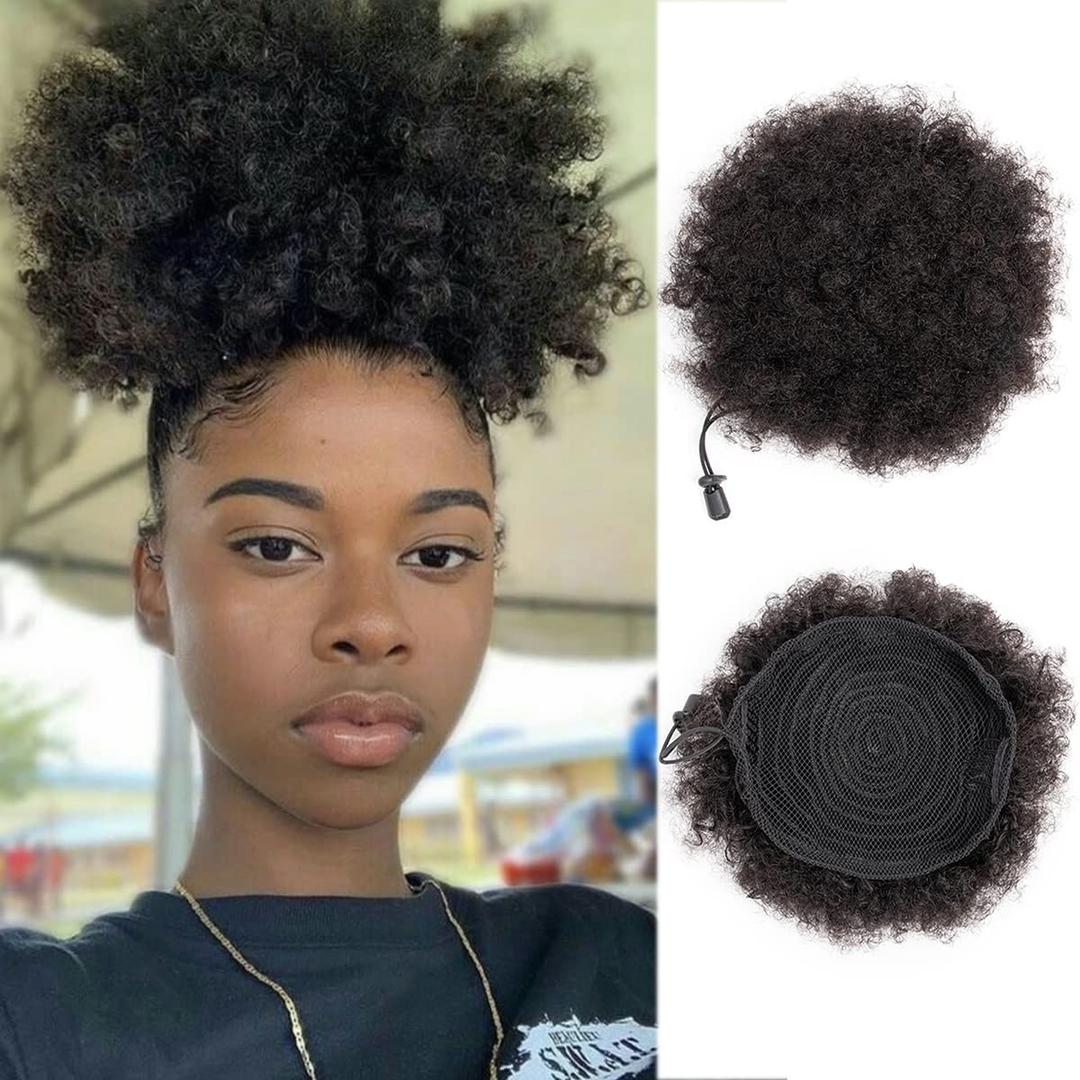 Afro Puffs Large Human Hair Buns Natural Drawstring Ponytail Extensions Updo Chignon 8 Inch Natural Black for Black Women Girls