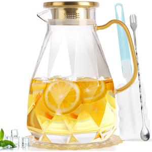 2.8 Liter Glass Pitcher with Lid, Transparent, Thermal Shock Resistant, Microwave Safe, Natural, 2.8L, Round, 6x12 Inches
