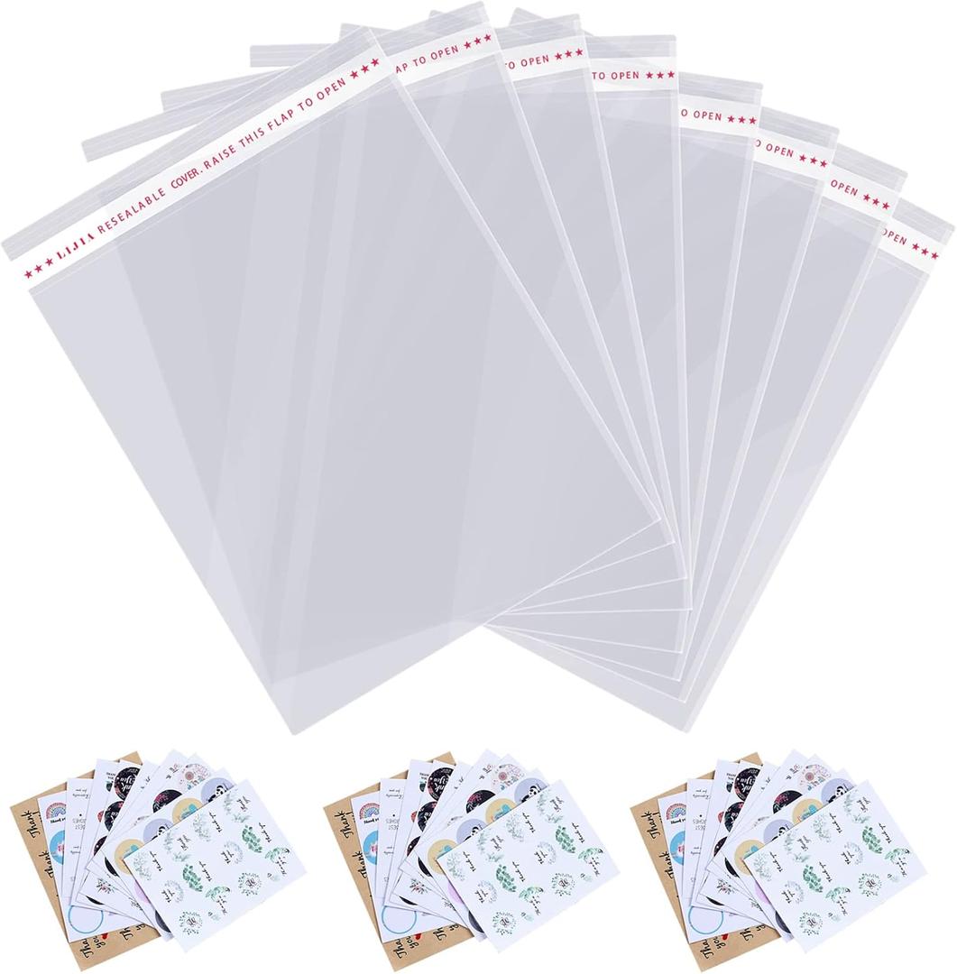 14x20 inches Large Clear Resealable Cellophane Bags for Packaging Products 100ct Self-sealing Gift Bags Self Adhesive Plastic Bags for Gifts,Clothes, Small Business, Thank you Stickers