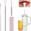 OUTXE Anti Wrinkle Collapsible Straws for Stanley, Flat Wide Portable Telescopic Travel Drinking Straw, Reusable Wrinkles Free Stainless Steel Straw for Lip Filler with Clean Brush& Carry Bag -2 Pcs (11 inch(fit stanley 40 30 oz))
