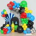Amandir 153pcs Red Blue Yellow Green Black Balloon Arch Garland Kit, Different Sizes 18 12 10 5inch Metallic Silver Star Confetti Colorful Balloons for Birthday Carnival Video Themed Party Decorations