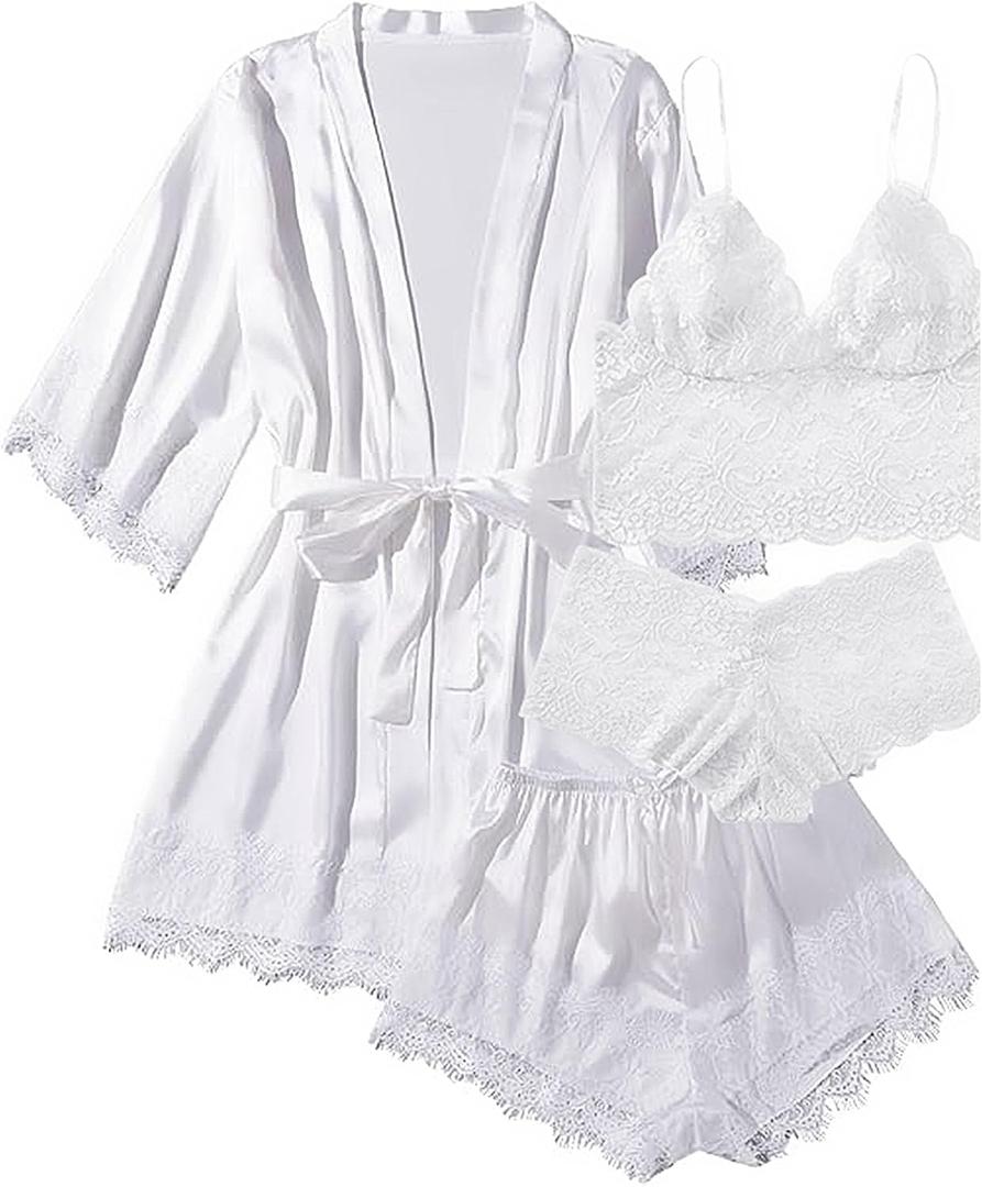 Hellomamma Silk Pajama Sets for Women: Satin Sexy Lingerie 4 Piece Sleepwear Cami Lace Pjs Set with Robes (White, L)