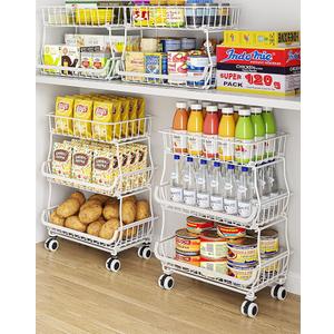 3Tier Rolling Pantry Cart with Wheels, Stackable Wire Storage Floor Organizer for Kitchen Pantry Snack Shelves, Fruit Basket Stand, Vegetable Storage Rack for Food Snacks Onion Potato, White
