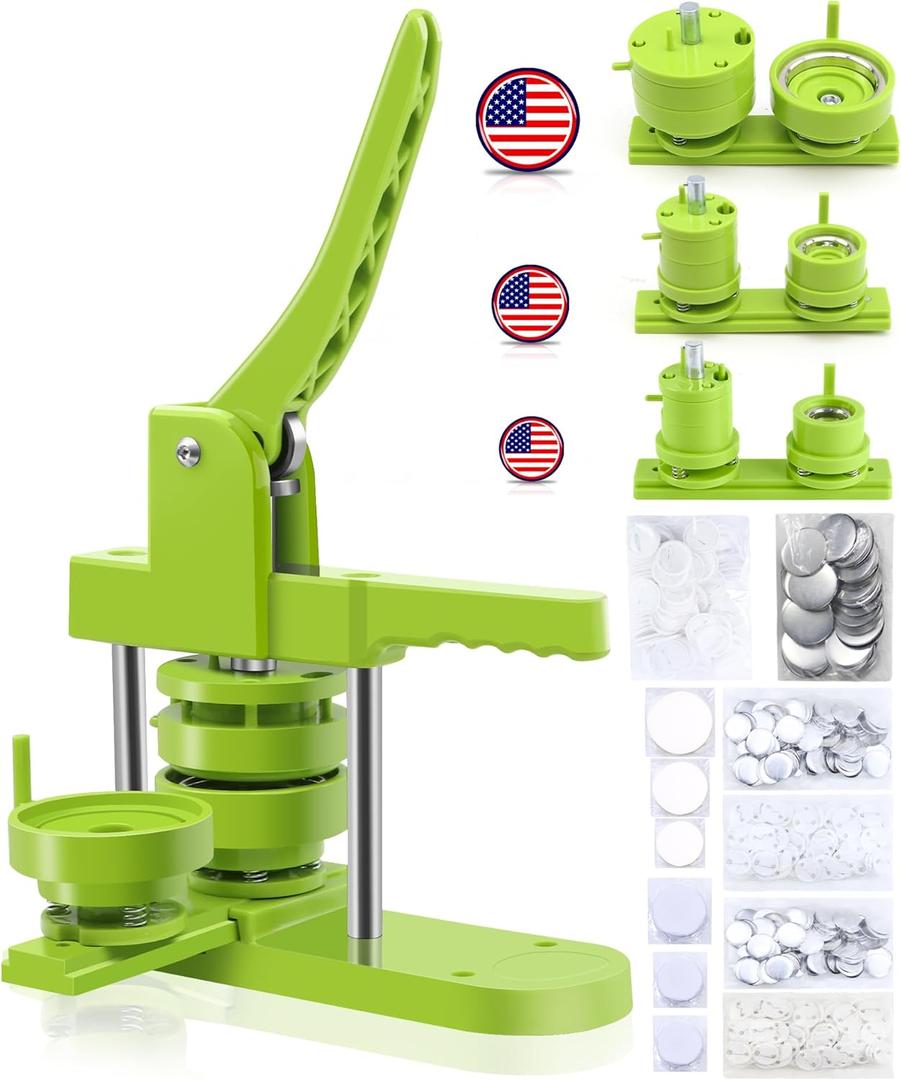 Happizza Button Maker Machine Multiple Sizes, Pin Maker Machine 1+1.25+2.25 inch, Interchangeable Button-Models Badge Button Press Machine with 300 Sets 25+32+58mm Button Maker Supplies&Circle Cutter