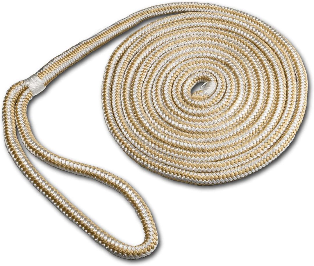 ACY Marine- Double Braided Nylon Dock Line - Boat Rope - Marine and Pontoon Accessories - Braided, Reinforced Boat Ropes and Ties for Docking - Stretch Resistant with 12 Spliced Loop for Mooring 1/2-Inch x 15-Feet, Gold/White