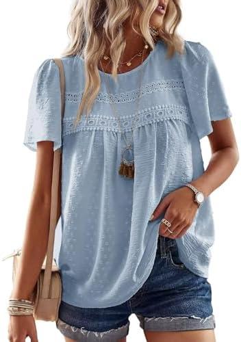 Falechay Womens Summer Tops Crewneck Short Sleeve Shirts Casual Chiffon Blouses Flowy Lace Hem Boho Clothing Trendy 2025 XL
