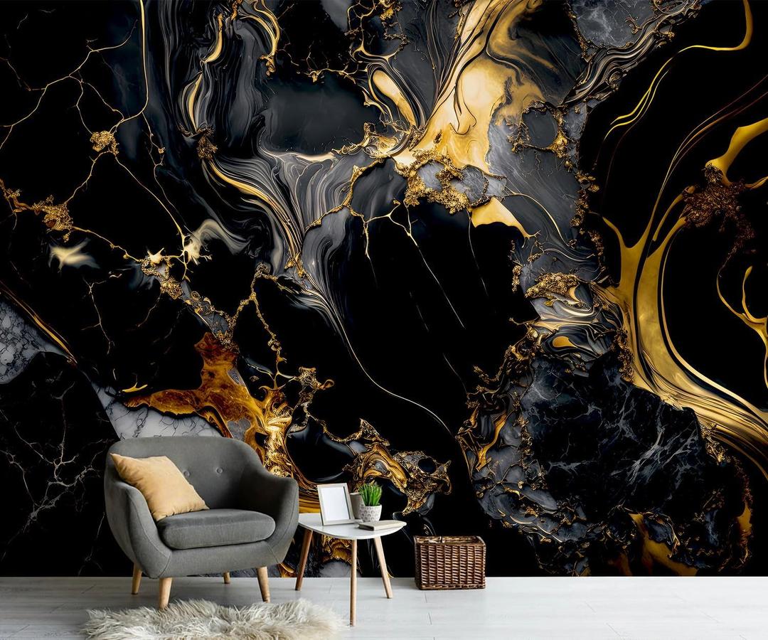 PYFFYP- Abstract Black and Gold Marble Wallpaper murals for Bathroom(Not Peel and Stick)