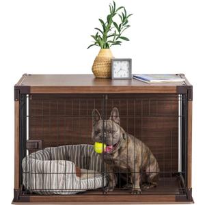 IRIS USA Modern Wooden Dog Crate  Stylish Furniture-Style Indoor Kennel & End Table for Small to Medium Dogs, Secure Enclosed Pet Cage with Sliding Door, Dark Brown
