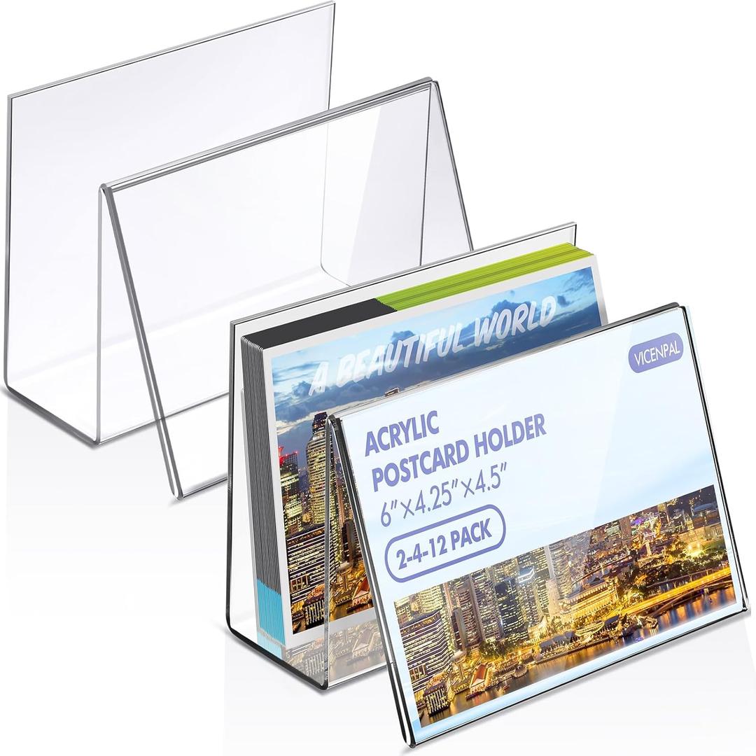 Vicenpal 2 Pcs Clear Acrylic Postcard Holder Business Card Holder Greeting Card Display Clear Business Card Stand Rack for Index Card Organizer Desk Table Home Office School, 6 x 4.25 x 4.5 Inch