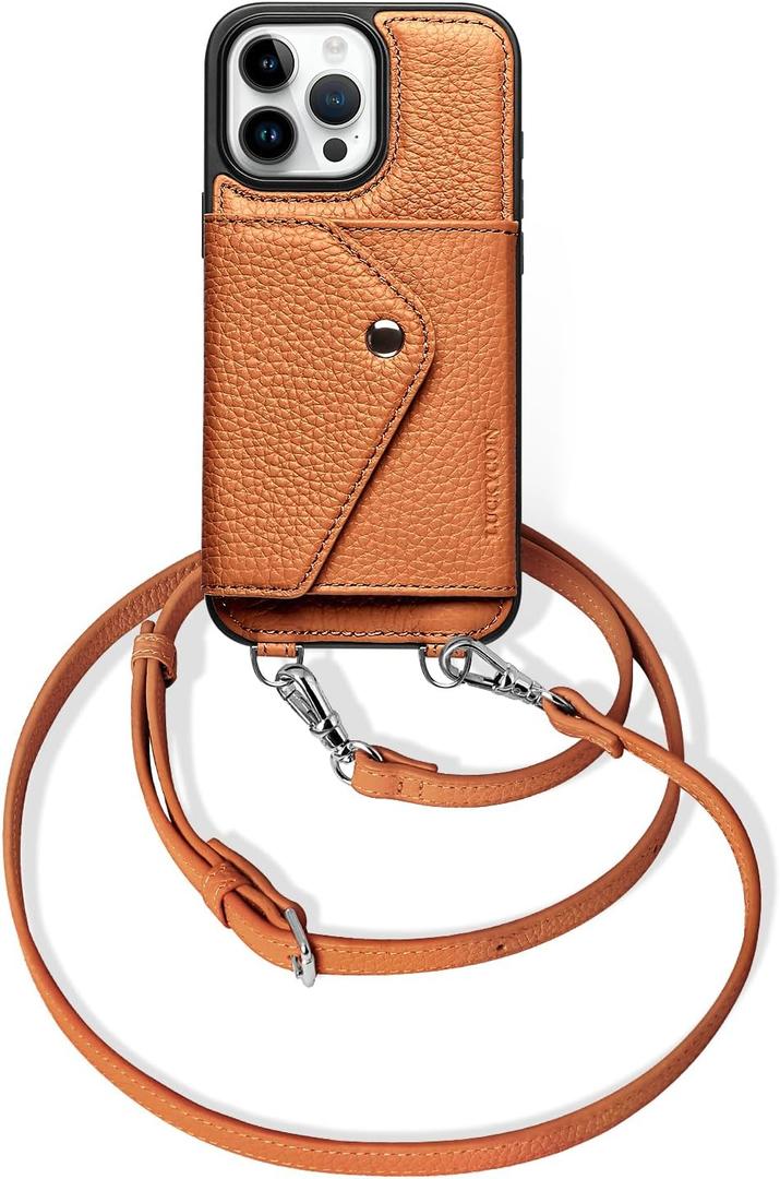 LUCKYCOIN for iPhone 16 Pro Max Crossbody Wallet Case  Genuine Leather Phone Purse with Adjustable Strap and Card Holder,Lanyard Phone Purse Case for Women,Pebble Grain Brown