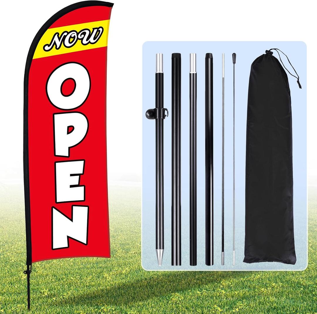 Buryeah Now Open Flag Banner for Business Advertising 7 x 5.4 ft Feather Flag Sign with Flagpole Ground Stake Portable Bag Opening Signs Banner Set for Outside Business(Red)