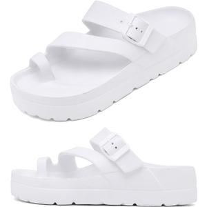 Womens Platform Sandals with Arch Support, Adjustable Buckle Beach Sandal Woman Comfort Lightweight Ultra Cushion EVA Slides (7, Clip Toe Ring Straps-white)