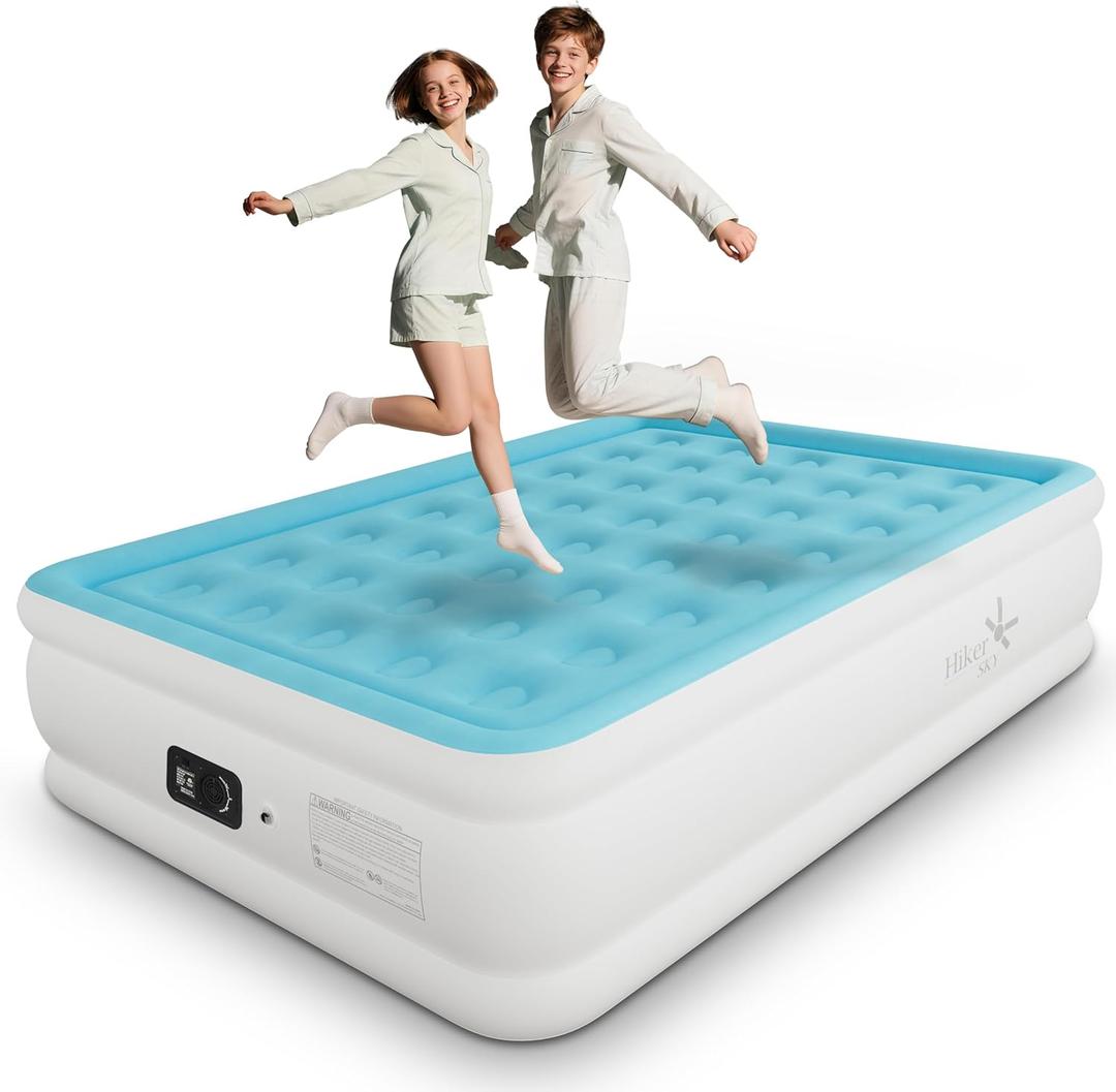 Full Air Mattress with Built-in Pump, Single Air Bed with Portable Storage Bag, Suitable for Home and Guests, Top Flocking, 18" Full Sky Blue