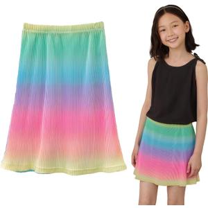 Girls Knee Length Pleated A-Line Skirt with Pull On Elastic Waist for Kids Rainbow Black Midi Skirt 3-12 Y, 120