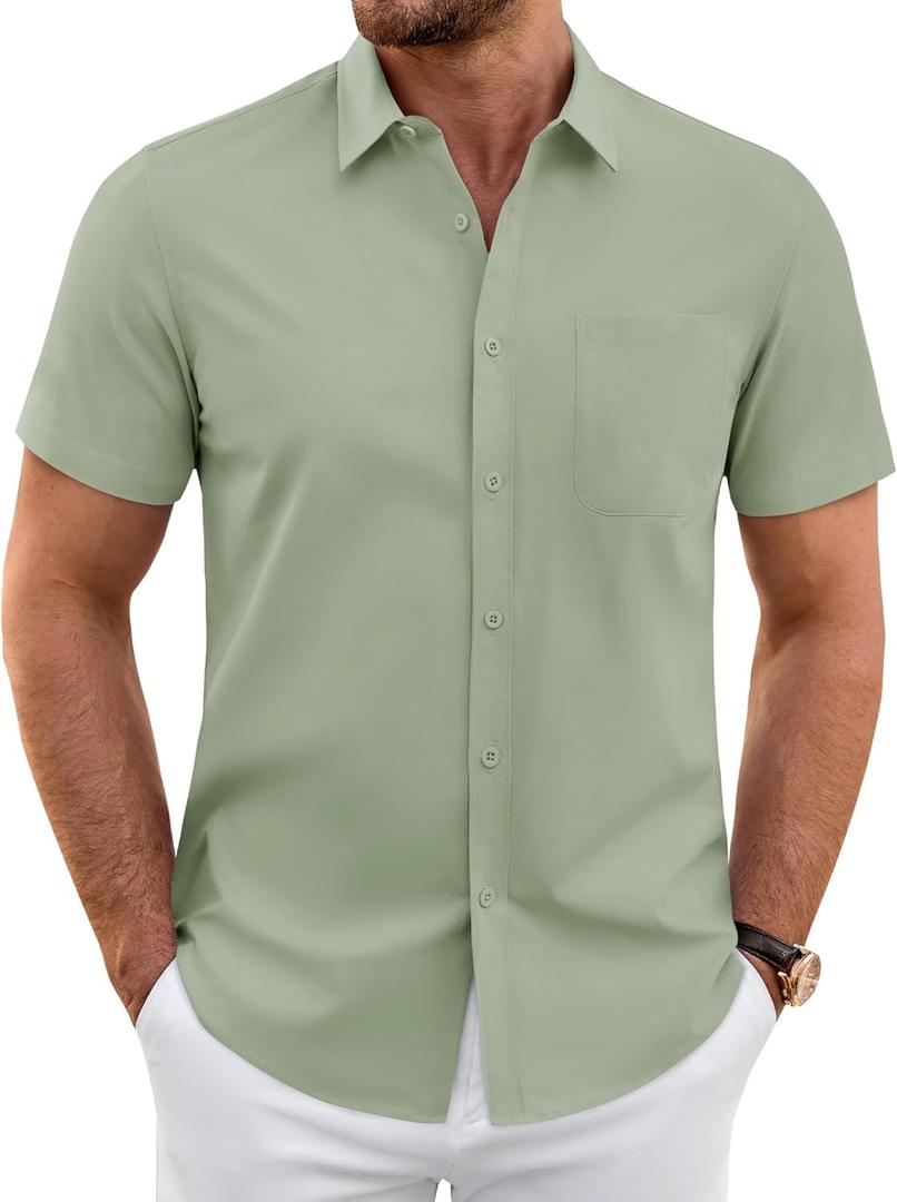 J.VER Mens Short Sleeve Dress Shirts Wrinkle Free Casual Button Down Shirt Summer Stretch Formal Shirt with Pocket (Green, S)