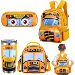 Toddler School Backpack School Bus Backpack Boy School Bus Bookbag 4 in 1 Kindergarten 3D Daycare Bags with Insulation Lunch Box Set for Kids Toddler Preschool Boys Girls
