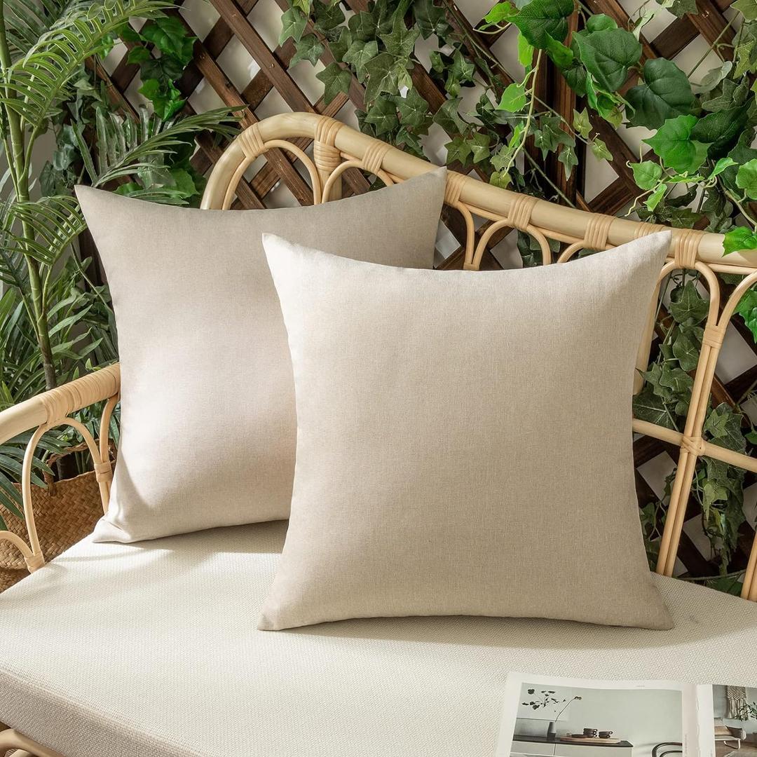 Woaboy Set of 2 Outdoor Waterproof Throw Pillow Covers Spring Decorative Farmhouse Linen Pillowcases Solid Cushion Cases for Patio Tent Balcony Couch Sofa Living Room Beige 19x19 Inch
