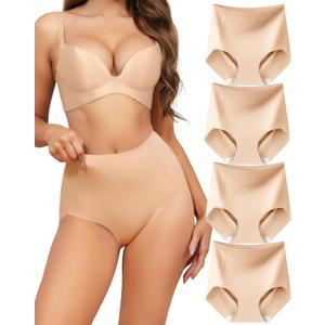 LEVAO Nude High Waisted Seamless Tummy Control Shapewear for Women Compression Underwear No Show Briefs Panties 4 Pack XL