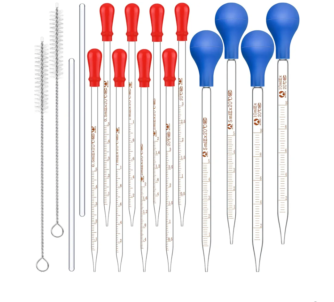 16 Pieces Glass Pipettes Graduated Dropper 2 PCS 10 ml 5 ml 3 ml 2 ml 1 ml 0.5 ml Glass Liquid Dropper with Rubber Caps 2 Pcs 20 cm Glass Stir Rod and 2 Washing Brush for Transfer Liquid Essential Oil