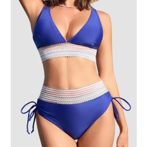 High Waisted Tummy Control Color Block Bikini (XL, Blue)