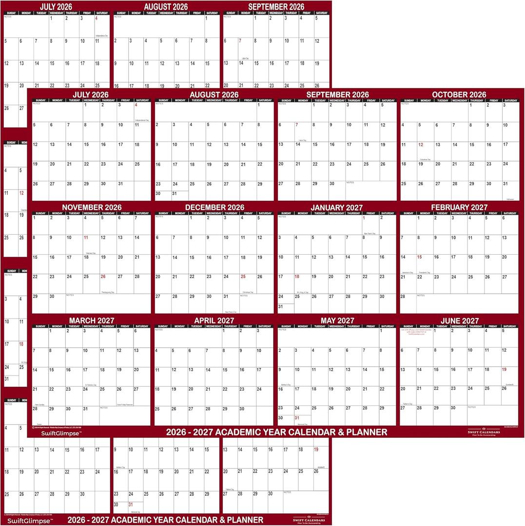 24" x 36" SwiftGlimpse 2026-2027 Academic Wall Calendar, Erasable, Large, Wet & Dry Erase Laminated, Reversible, Yearly Planner, JULY 2026 to JUNE 2027 ONLY, Maroon