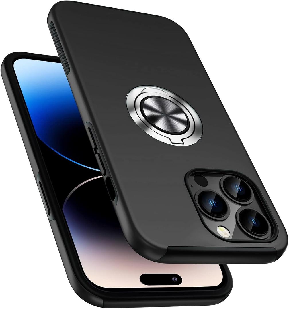 PELEPUES Shockproof Case for iPhone 14 Pro Max, [Embedded Finger Ring] Military Grade Phone Case Cover with Reinforced Metal Stand Kickstand [Support Magnetic Car Holder] for iPhone 14 6.7'', Black