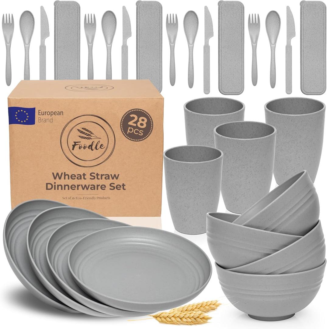 FOODLE Wheat Straw Dinnerware Set - BPA Free & Safety Tested - Microwave & Dishwasher Safe - Perfect for Picnic, Dorm, RV Dishes - Camping Plates Cups and Bowls Set - Great for Kids & Adults - For 4