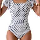 Eomenie Women's Tummy Control One Piece Swimsuit Ruffle Square Neck Bathing Suit Ruched Cutout Back Slimming Swimwear (Large, Black Polka Dots)