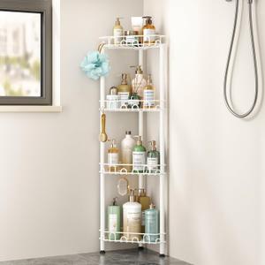 SWTYMIKI Standing Shower Caddy Corner - 4Tier Stainless Steel ShowerOrganizer Shelf with 16 Hooks and Adhesive Pads, Rustproof Corner Shelves Stand Rack for Bathroom Shower Room, white