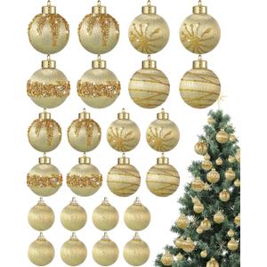 Poen 24 Pcs Christmas Balls Ornaments 3 Size Satin Silk Xmas Hanging Ball Decorations Luxury Shatterproof Christmas Tree Decor for Xmas Holiday Wedding Party Decoration (Gold)