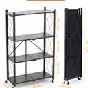 COKIHOM 4 Tier Foldable Storage Shelf, Large Capacity Metal Shelf Rack, Rolling Bookshelf with Wheels, Wire Shelf Organizer for Kitchen, Pantry, Office, Garage, Basement, Black