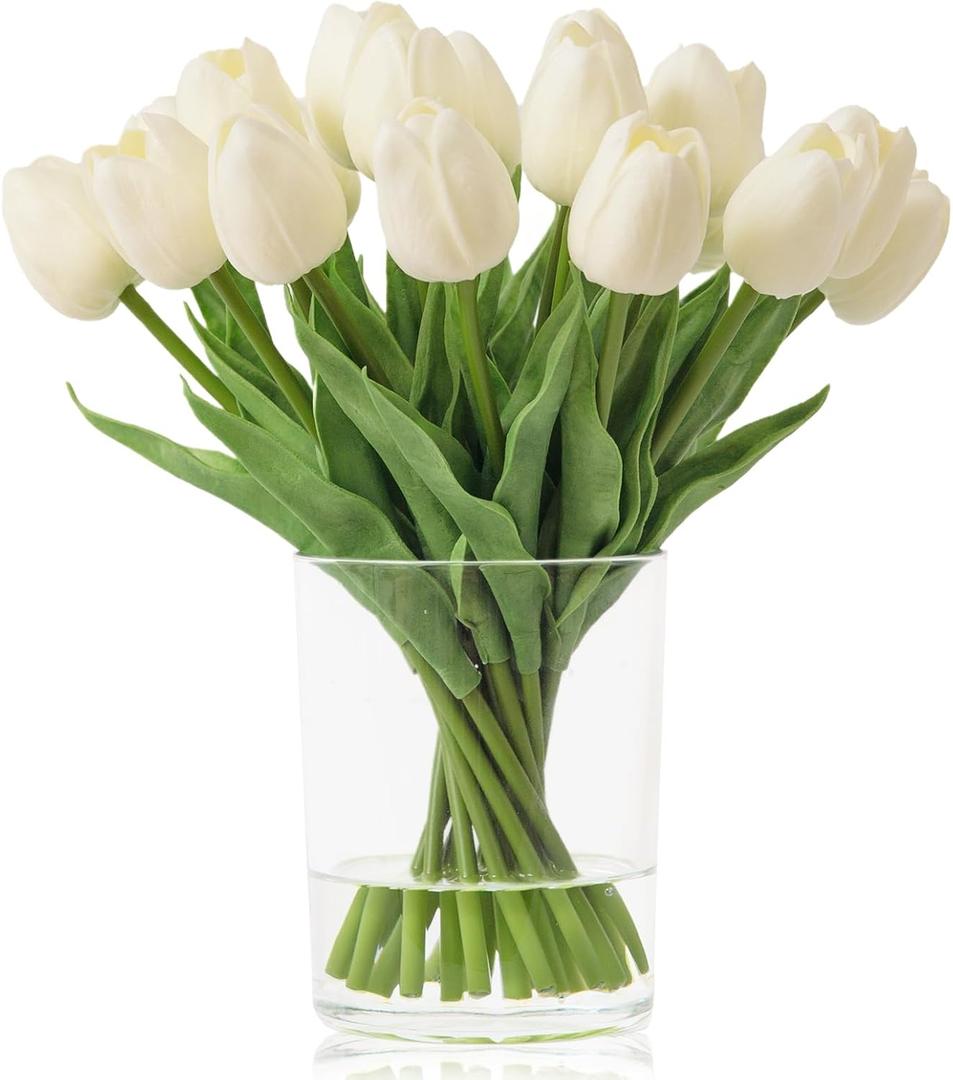 WELL KNOWN 20 Pcs White Tulips Artificial Flowers in Vase, Fake Flowers in Glass Vase, Real Touch Fake Tulips Artificial Flowers in vase with Faux Water for Home Decoration, Dining Table