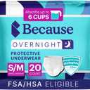 Because Overnight Absorbency Pull Ups - Adult Disposable Incontinence Underwear, Extra Absorbent Nighttime Briefs for Men and Women, White, Small/Medium, 20 Count