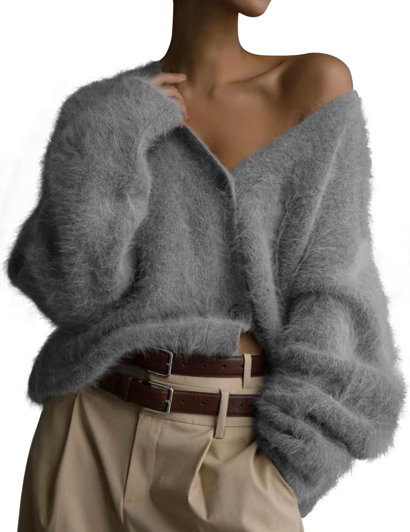 COZYPOIN Womens Fuzzy Mohair Cardigan Open Front Button Down V Neck Long Sleeve Sweater Slouchy Drop Shoulder Knit Coat (X-Large, Grey)