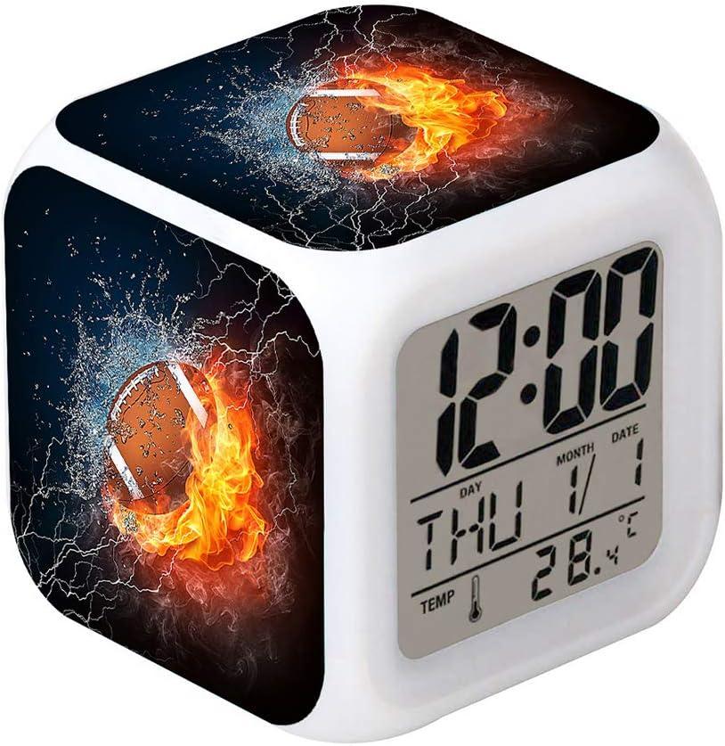 Led Alarm Clock Rugby Football Fire Design Creative Desk Table Clock Glowing Electronic Colorful Digital Alarm Clock for Unisex Adults Kids Toy Birthday Present Gift