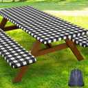 Smiry Picnic Table Cover with Bench Covers, Waterproof Elastic Fitted Tablecloths for 8 Foot Rectangle Tables, Washable Buffalo Plaid Tablecloth for Camping, Outdoor (Black & White, 30"x96")