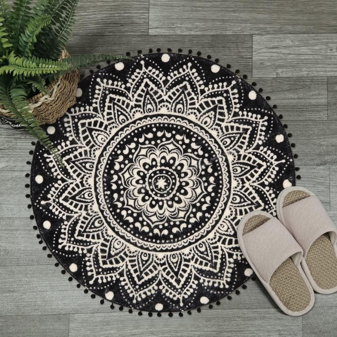 Uphome Small Round Rug 2.3 Black Mandala Boho Bathroom Rugs with Pom Poms Fringe Washable Circle Shower Mat Soft Non-Slip Cute Circular Throw Rug for Sink Powder Room Bedroom Kids Room Nursery