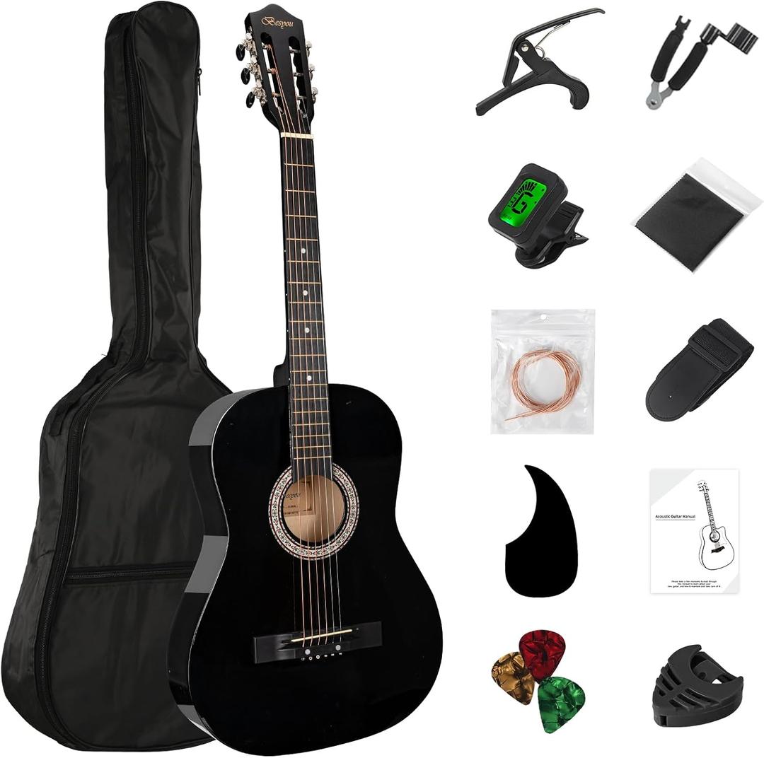 38in Beginner Guitar Acoustic Guitar Basic Starter Kit Tuner Capo Strings Winders Strap Picks Student Kids Adults Guitar Pickguard with Gig Bag (black)