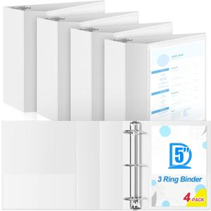 Henoyso 4 Pcs 3 Ring D-Ring Binders with Clear Pocket, 5 Inch, White